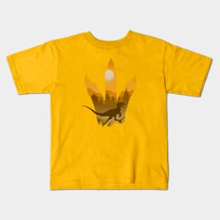 Utahraptor Gold Silhouette Mountain Design Kids T-Shirt